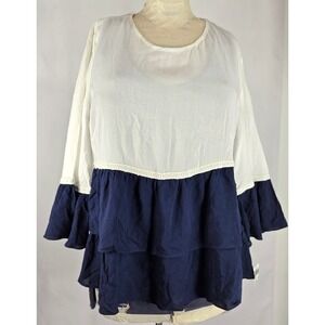 Petite Studio Ruffle Tiered Blouse Flowy Long‎ Sleeve Top White Blue Size M Boho